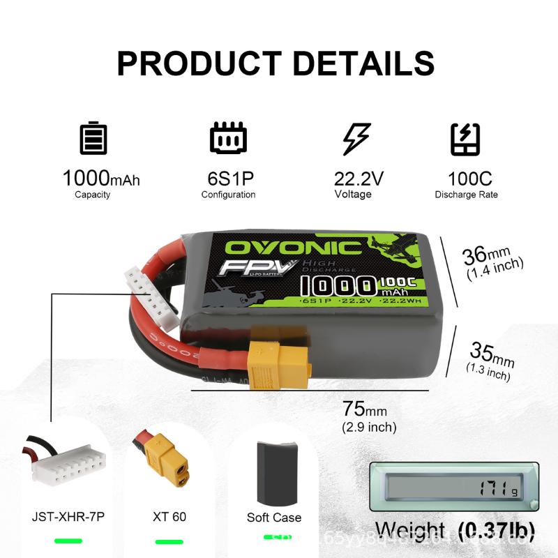 2Pcs OVONIC 1000mAh 100C 22.2V - Drone Battery Li-Ion 评论和价格